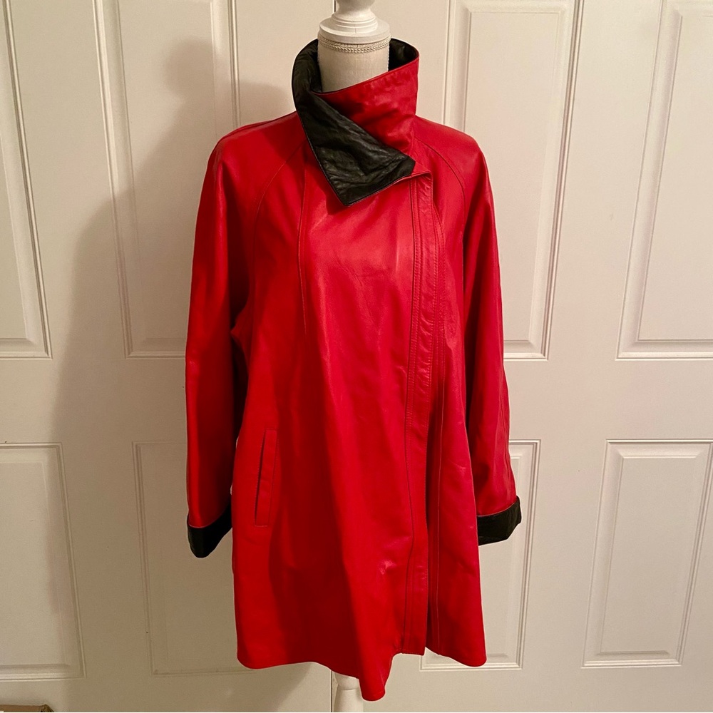 ✨Vintage Italian Vera Pelle Genuine Leather Color Block Swing Coat Jacket